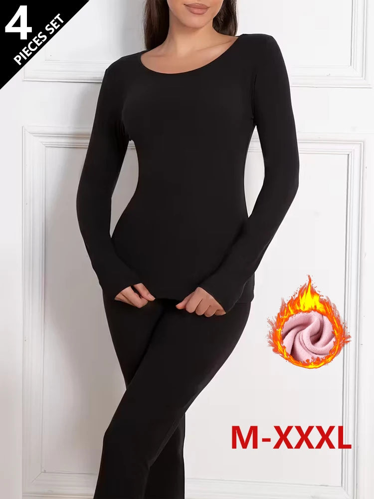 4pcs Women's Tight Thermal Underwear Set,Soft Warm & Comfortable Sleepwear Suit Fit Winter Warm Cashmere Lightweight Pajamas Set