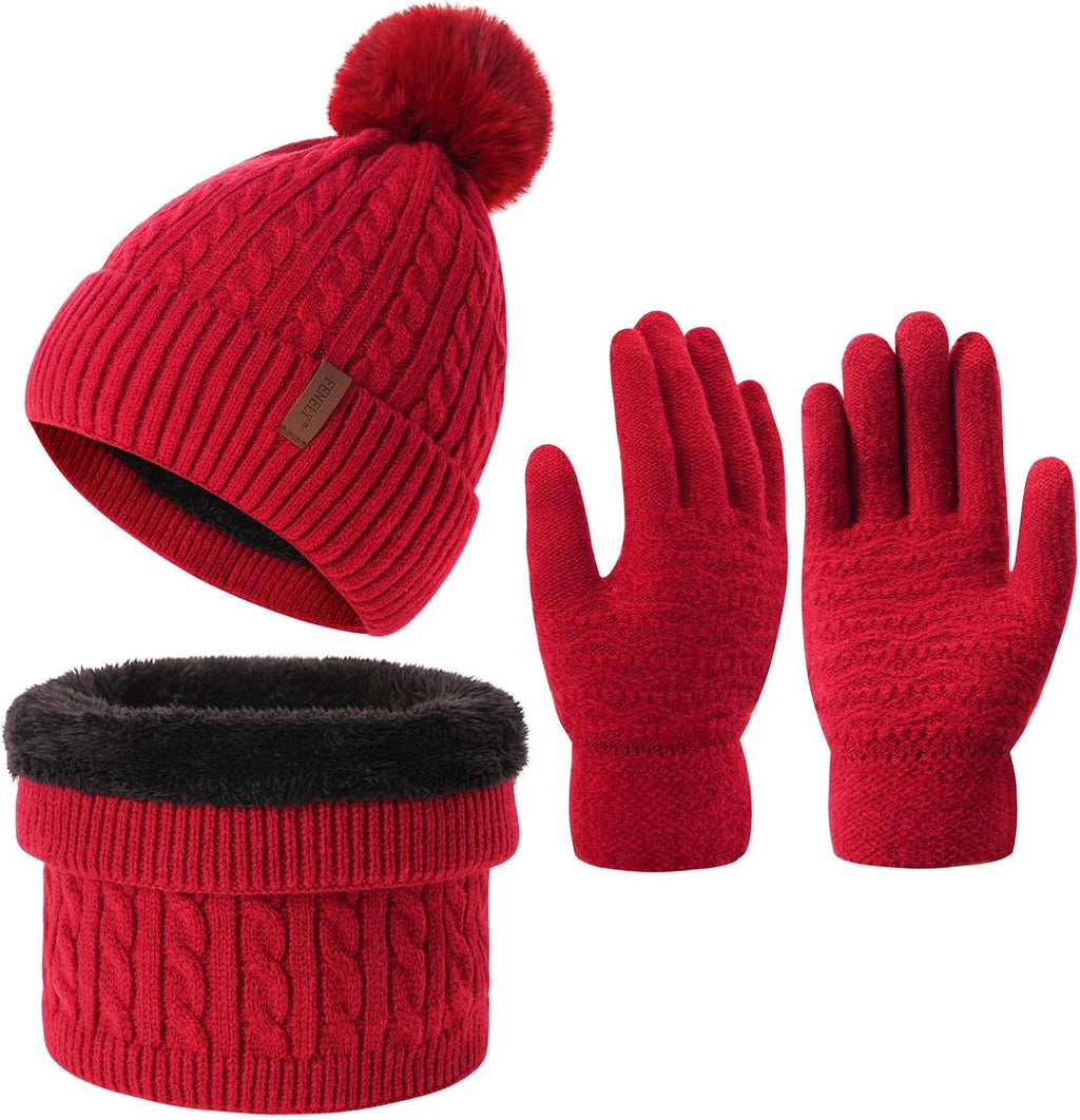 3Pcs Winter Women Beanie Hat Scarf and Touch Screen Gloves Sets Girls Classic Knit Warm Chunky Fleece Lined Cable Cap